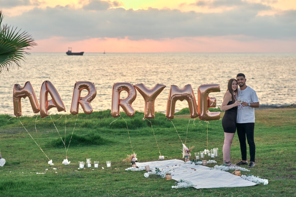 Engaged couple sunset Paphos marriage proposal