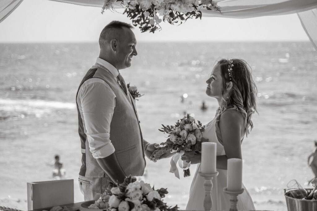 black and white photo of the married couple Ammos Kampouri Ayia Napa beach wedding