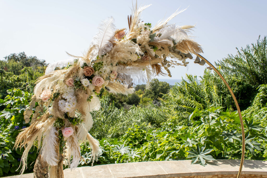 Lemba Vrisi Paphos wedding Cyprus boho floral round arch ceremony decoration