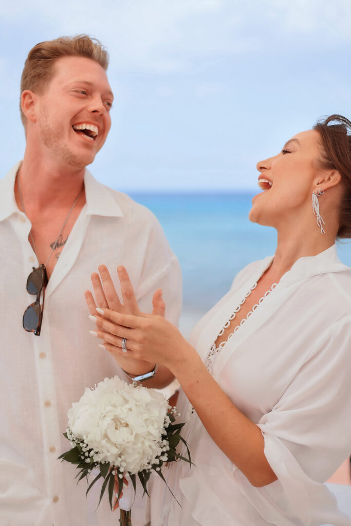 happy married couple by the sea Greek island wedding