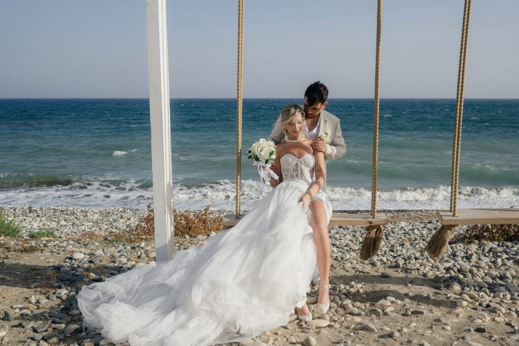 bride and groom having fun during their private wedding photoshoot in Cyprus