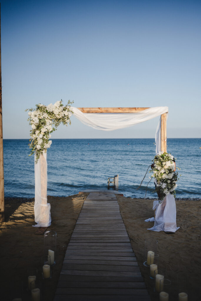 wedding ceremony wooden floral arch Cyprus hire rental planner