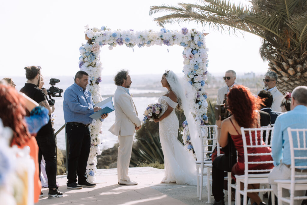 Cyprus beach wedding civil ceremony marriage floral arch decoration hire rental