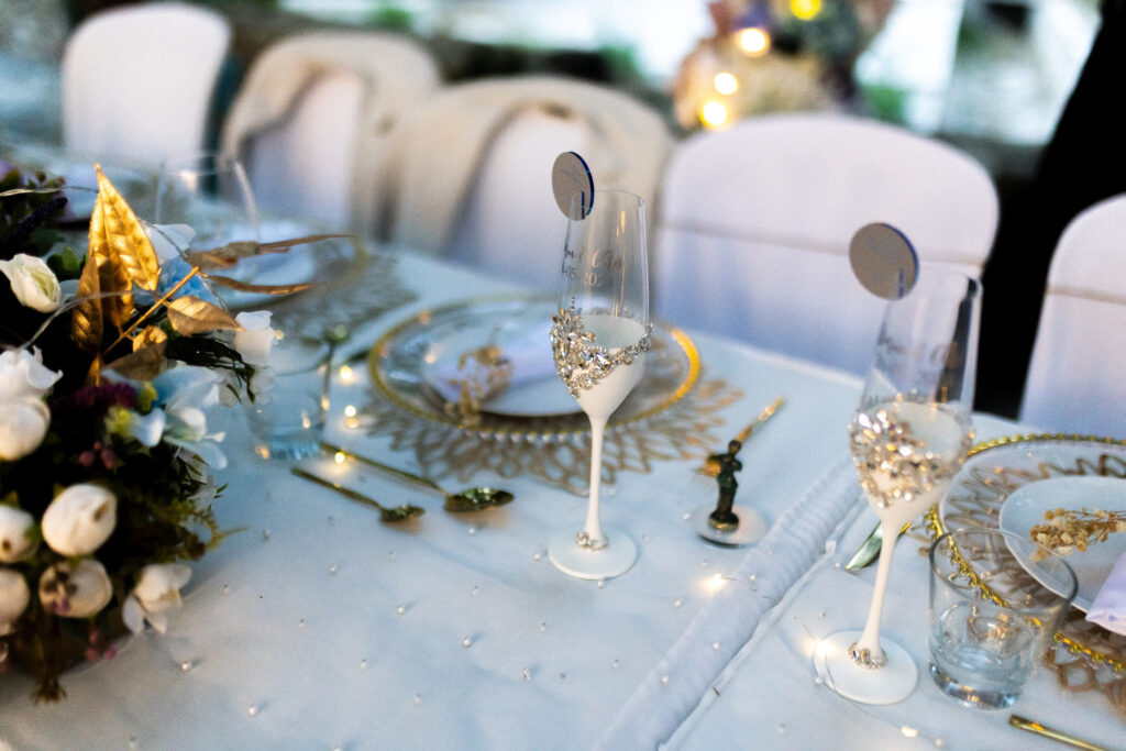gold floral wedding decorations hire rental custom made champagne glasses company Cyprus Paphos Ayia Napa