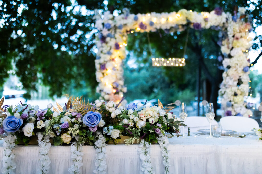 blue white purple floral wedding arch table decorations company planner hire rental Cyprus