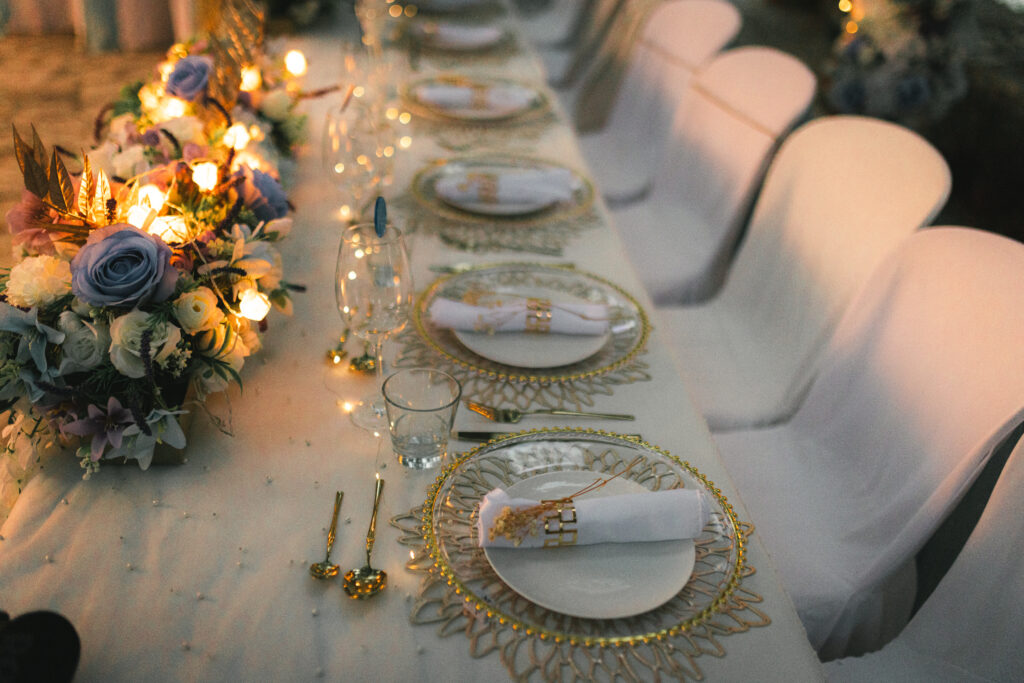 Gold blue purple white wedding decorations idea Cyprus venue hire rental planner company