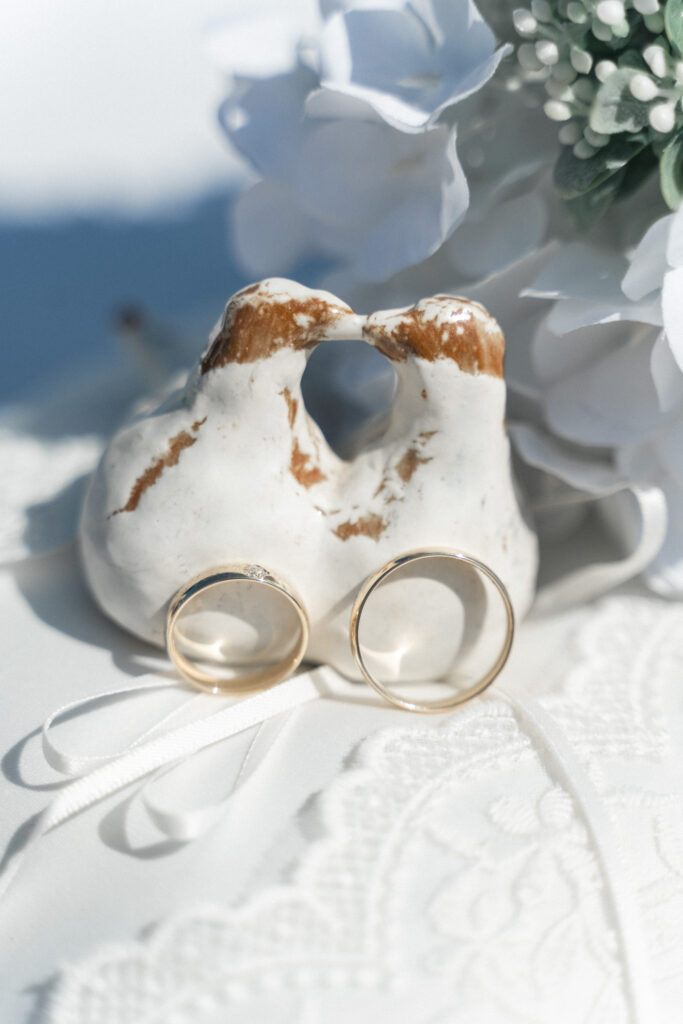 wedding photography Cyprus two white swans holding wedding rings on a pillow case