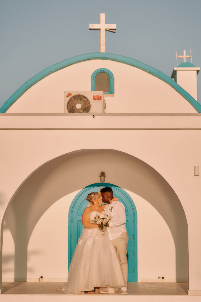 sunset wedding photoshoot outside of Ayia Thekla church in Cyprus