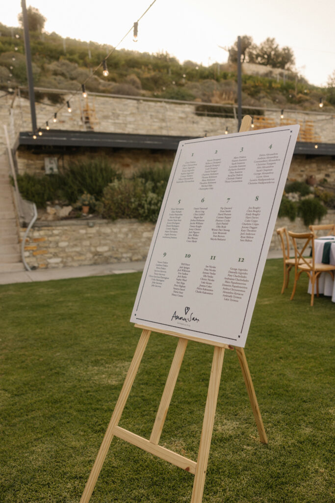 Elegant wedding seating plan at Dafermou Winery in Cyprus featuring rustic decoration rental elements like wooden easels, floral arrangements, and vintage signage