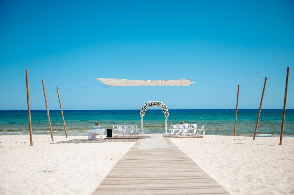 wedding ceremony venue set up at Sirens Beach in Ayia Thekla, Cyprus
