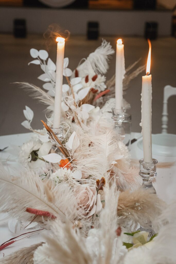 white boho wedding reception table decorations as a part of a decor rental in Cyprus