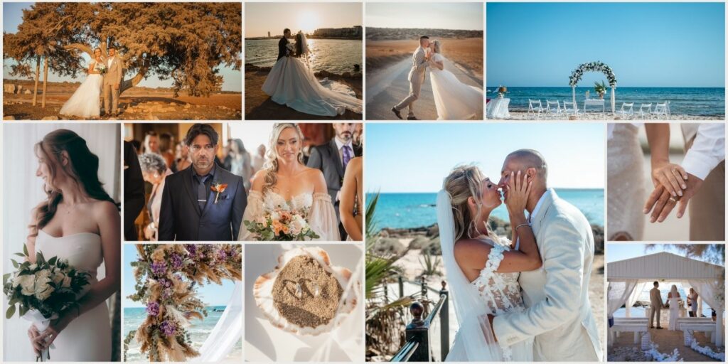 Luxury beach symbolic wedding ceremony in Cyprus featuring bride and groom portraits, seaside wedding arch, ring exchange, and romantic moments in Ayia Napa, Protaras, Limassol, Paphos, and Larnaca with elegant beach wedding decor and Mediterranean coastline.
