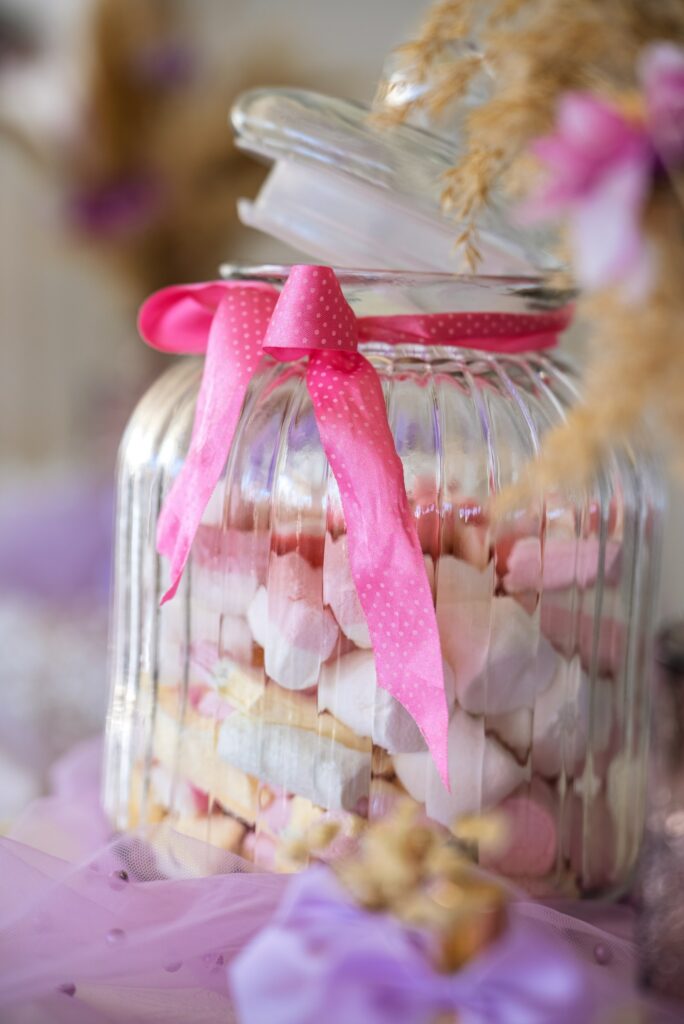 sweet table decor marshmallow jar with pink bow