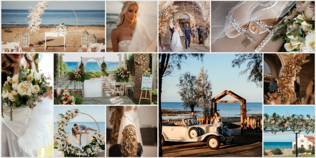 Destination beach wedding in Cyprus showcasing luxury ceremony décor, bride and groom portraits and unique floral arches styling,