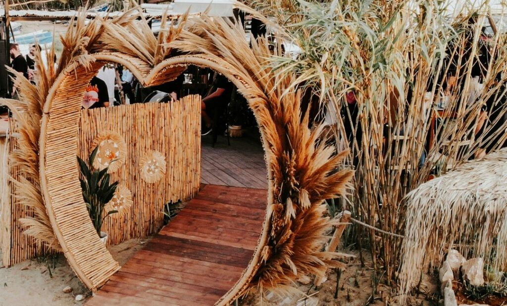 boho heart entrance of Tulum beach bar wedding venue in Cyprus
